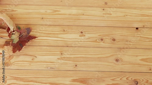 Autumn leaves on a wooden table