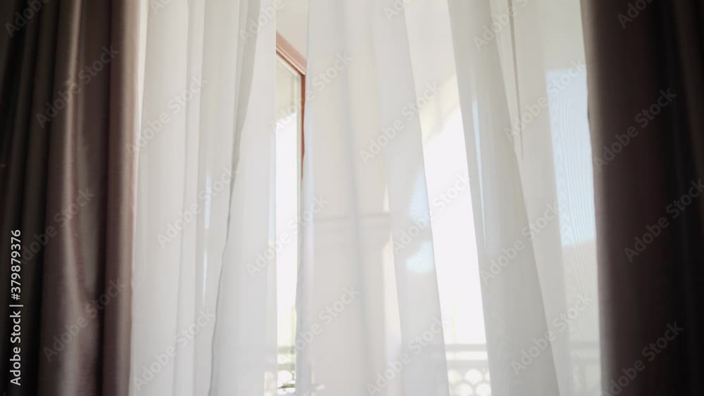 Automatic opening of curtains and a view of the beautiful mountains. riverside view Automatic opening of curtains and a view of the beautiful mountains. riverside view