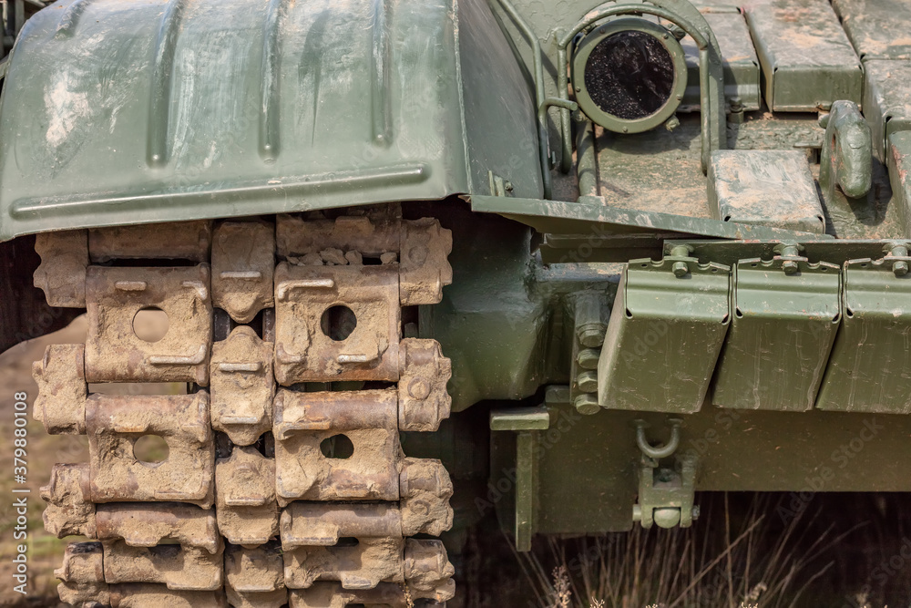 Front close-up shot of a russian tank track