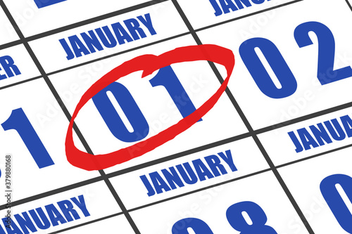 january 1st. Day 1 of month,  Date marked with red circle to indicate importance on a calendar. winter month, day of the year concept