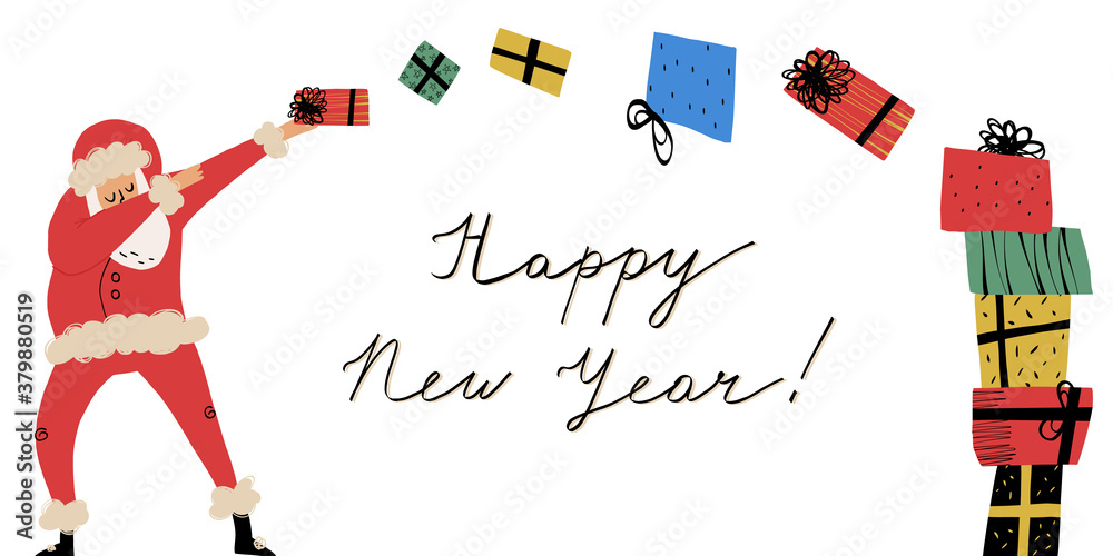 Happy New Year lettering and funny dabbing Santa throwing presents into a neat pile. Cute hand-drawn banner template. Happy New Year lettering and funny dabbing Santa throwing presents into a neat pile. Cute hand-drawn banner template.