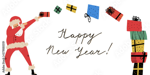 Happy New Year lettering and funny dabbing Santa throwing presents into a neat pile. Cute hand-drawn banner template. 