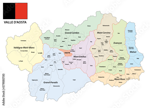 administrative vector map of the autonomous Italian region of Aosta Valley with flag, Italy