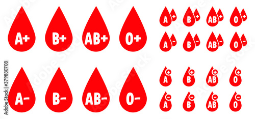 Red blood group. Blood type. Icons. Blood drop emblem. Types A B O AB for transfusion. Flat vector illustration. Blood groups types icon set. Drops symbol. Recipient and donor. Medicine, medical logo.