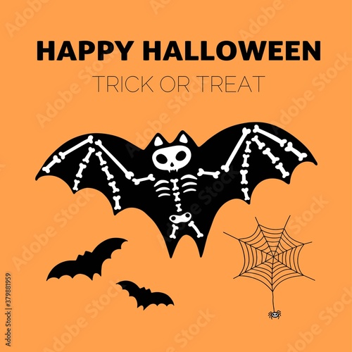 Vector Halloween postcard. Bat skeleton and spiderweb, isolated on orange background