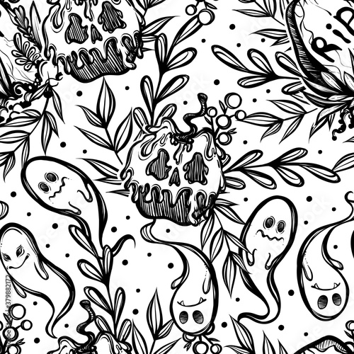 Vector illustration, Happy Halloween, Graves, poisoned apple, ghosts, mysticism. Handmade, prints, background white, seamless pattern