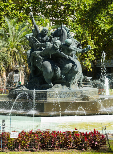 Square with fountain and memorial (Plaza Ingeniero Juan Pedro Fabini), landmark of Uruguayan capital. Montevideo, Uruguay