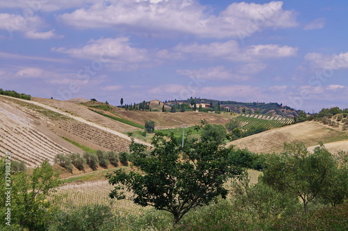 Panorama of the countryside around the medieval village of Certaldo, Tuscany, Italy