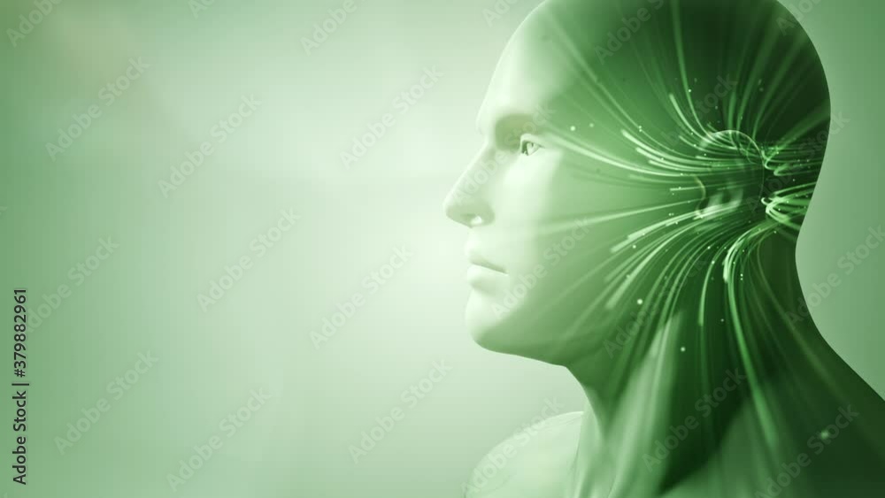 Double exposure of abstract human face with moving of lines for fiber optic network. Magic flickering dots or glowing flying lines. Animation loop. Double exposure of abstract human face with moving of lines for fiber optic network. Magic flickering dots or glowing flying lines. Animation loop.