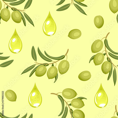 Green olives seamless pattern. Vector illustration of oil drops, branches with olives and green leaves. Food background. Cartoon flat style.
