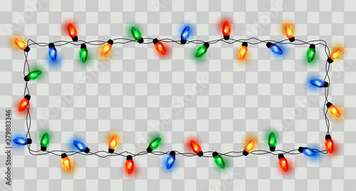 Christmas lights border, light string frame. Colorful Christmas frame with light bulb. Christmas lights decorative garland. Transparent decorative garland. Xmas light border effect. Holiday decor