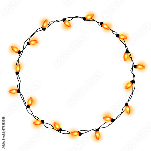 Glowing Christmas lights wreath for Xmas holiday greeting cards design. Merry Christmas, Happy new year. Glowing lights garlands Xmas holiday. String of Christmas lights. Xmas light bulbs round frame