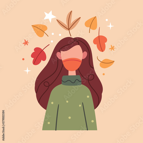 Girl in a mask and a warm sweater.Healthy lifestyle ill sick disease treatment, cold season concept. Cozy woman keep calm during Coronavirus quarantine stay home concept. 