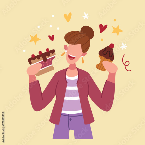 The girl eats a lot of sweets.Girl eating cake and cupcake.