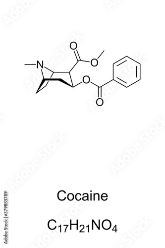 Cocaine, also known as coke, chemical structure. A strong stimulant and addictive recreational drug. The mental effects may include happiness and loss of contact with reality. Illustration. Vector.