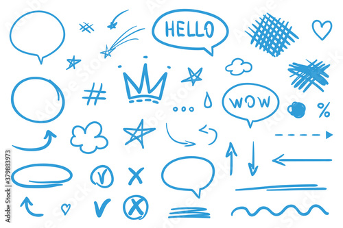 Infographic elements on isolation background. Colored set of sketchy signs. Hand drawn simple arrows