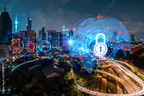 Photography Glowing Padlock hologram, night panoramic city view of Kuala Lumpur, Malaysia, Asia