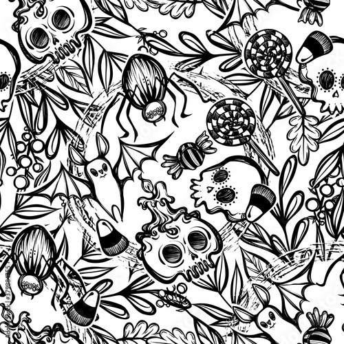Wallpaper Mural Vector illustration, Happy Halloween,wreath of branches and leaves,sweets, skull, spider, bat, mysticism, background white, seamless pattern. Handmade, prints Torontodigital.ca