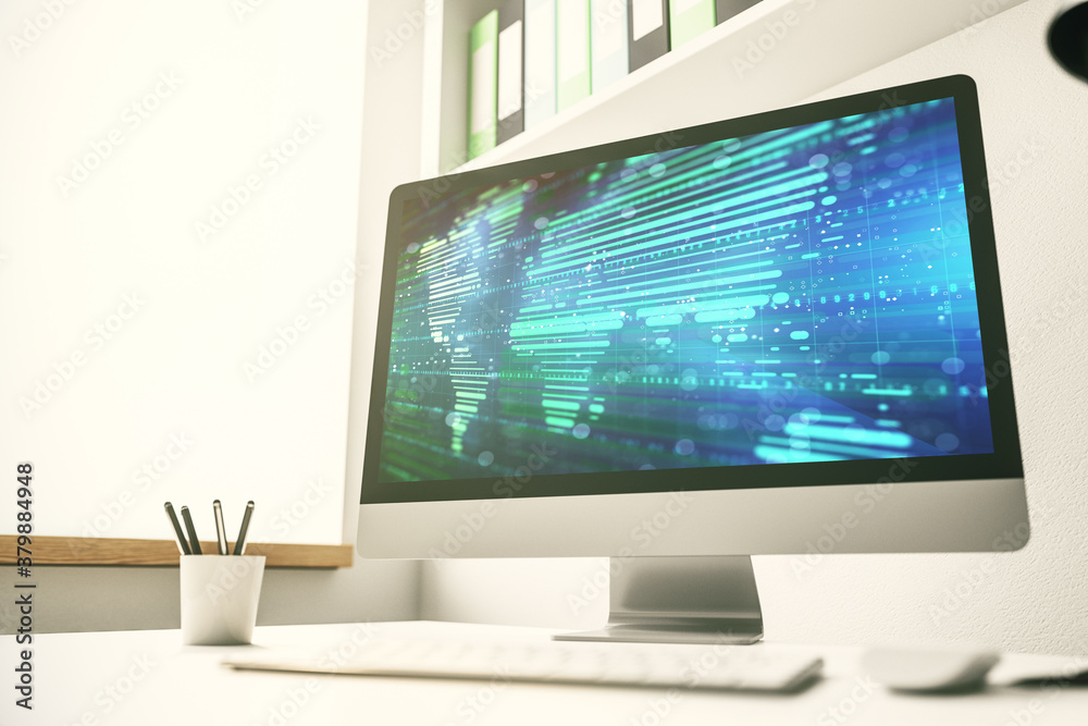 Computer monitor with abstract creative digital world map, globalization concept. 3D Rendering Computer monitor with abstract creative digital world map, globalization concept. 3D Rendering