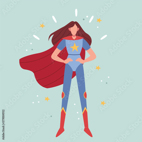 A girl dressed as a superhero in a superhero pose.Women empowerment, self-acceptance.Girl power.