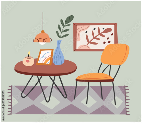 Modern  cozy living rooms or apartments furnished in trendy Scandinavian hygge style.Lliving room interior - sofa, armchair, coffee table, plants in pots, lamp, home decorations.