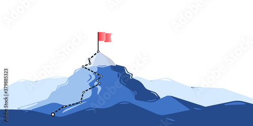 Flag on the mountain peak. Flat style vector illustration