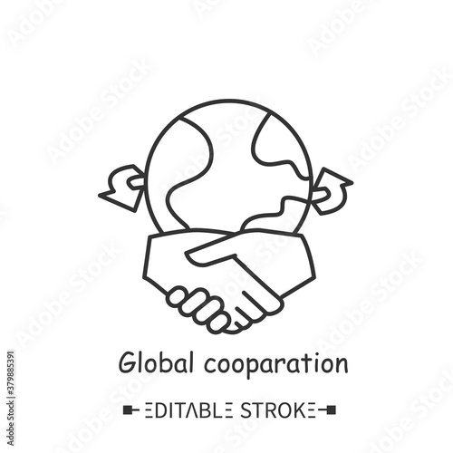 Global cooperation line icon. Worldwide partnership and cooperation of major companies. International trade. Business technologies and relations concept. Isolated vector illustration. Editable stroke 