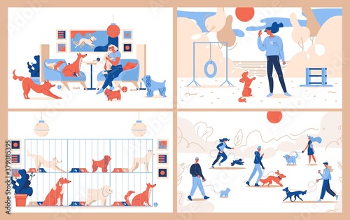 Dogs and owners concept scenes. Puppies waiting for adoption, walking with people in the park, training at camp, at pet cafe. Vibrant colors, lovely characters