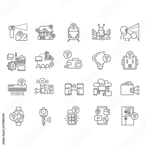 Internet of things line icons set. Digital smart devices - gadgets, home, smart watch, payments, digital management. Internet smart technologies concept. Editable vector illustration