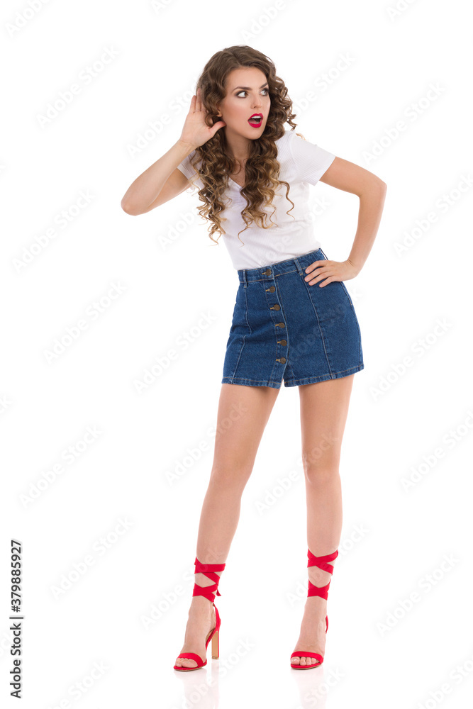 Surprised Sexy Woman In Red High Heels Eavesdrops Surprised Sexy Woman In Red High Heels Eavesdrops