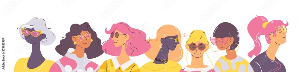Women in sunglasses isolated on white. Various characters with different hairstyle. Heads with closed and open eyes, decorated with lines Women in sunglasses isolated on white. Various characters with different hairstyle. Heads with closed and open eyes, decorated with lines