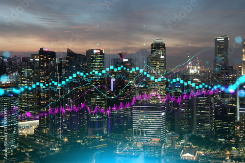 Photography Glowing FOREX graph hologram, aerial panoramic cityscape of Singapore at sunset
