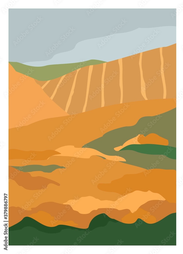 Obraz premium Vertical poster with a decorative landscape of fall nature. Banner of flower fields, hills, and blue neba is drawn in a trendy cut-out style. Background for brochures, notebooks. Vector illustration.