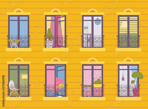 Concept illustration with various french balcony in one multy-storey house. Yellow wall, different interiors elements, greenery. No people