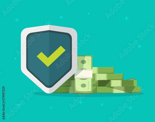 Financial insurance trust guarantees money protection, cash investment secure safety care warranty shield vector flat cartoon illustration on color background