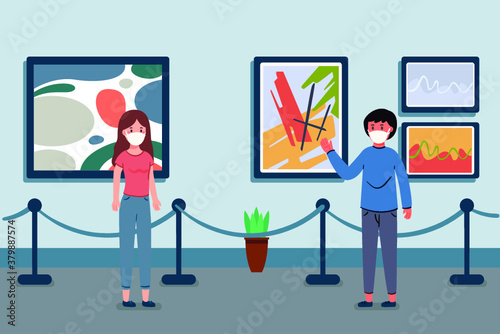 Visitors of classic art gallery or museum viewing exhibits. People or tourists looking at paintings at exhibition. Men and women enjoying artworks.