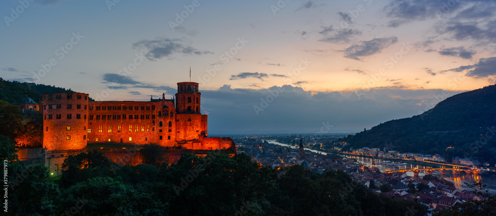 Heidelberg, Germany. September 6th, 2014. Beautiful view on Heidelberg Castle, the city and the Neckar River at sunset.