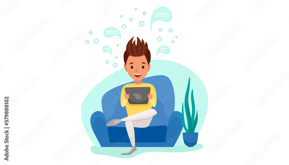 Working from home, online education or remote, distance work. Young man freelancer is working at tablet in his room. People at home in quarantine. Vector flat cartoon illustration  