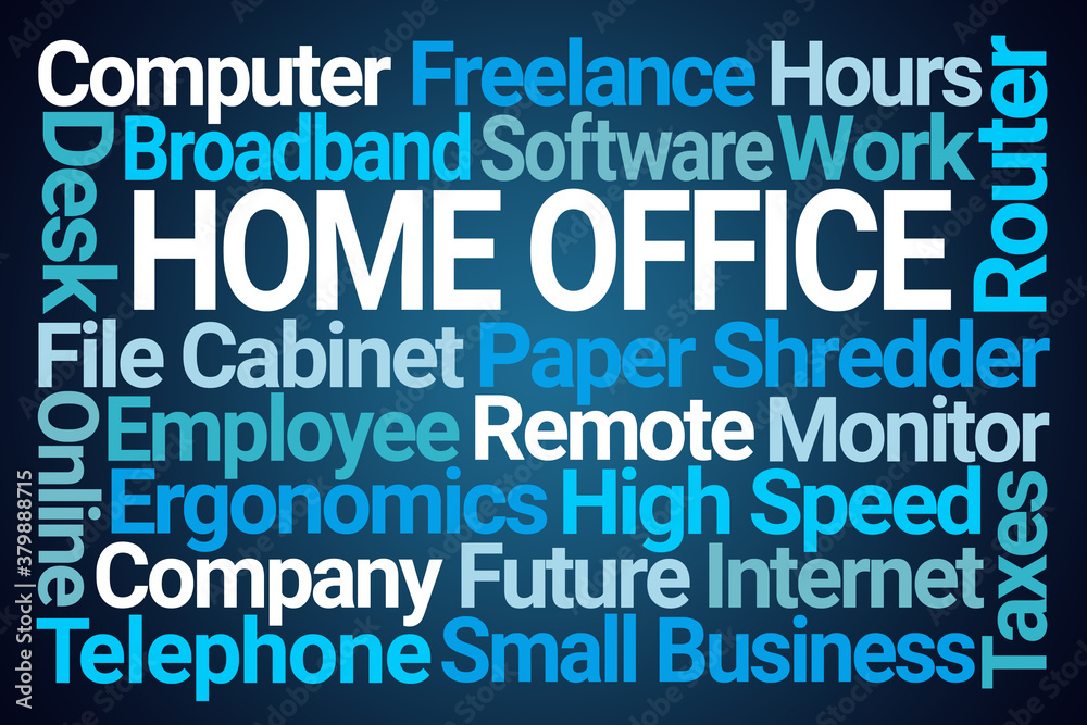 Home Office Word Cloud on Blue Background Home Office Word Cloud on Blue Background