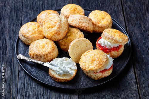 scones with jam and buttercream, top view