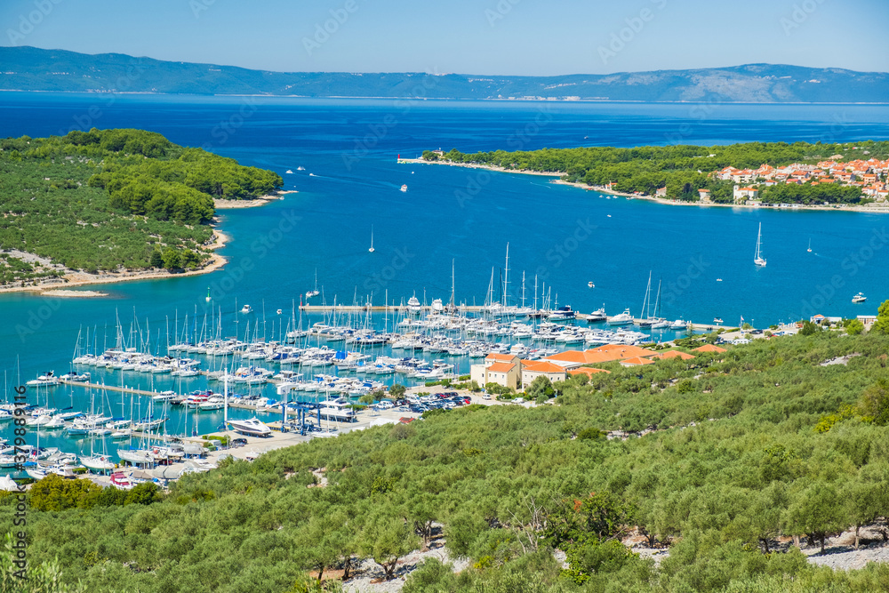 Marina and blue bay on the island of Cres in Croatia, beautiful seascape