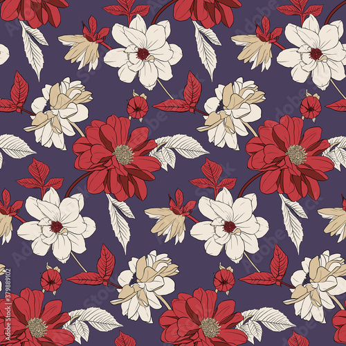 Floral illustration  burgundy  red  beige flowers  leaves and buds on a dark purple background. Seamless pattern for textile  decor  fabric  greeting cards  paper  etc.