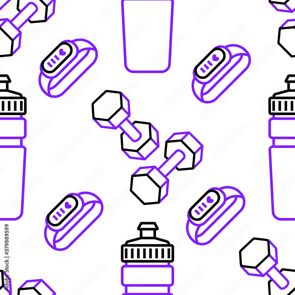 Seamless pattern. Bracelet, bottle and dumbbells. Seamless pattern. Bracelet, bottle and dumbbells.