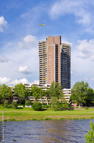 Mannheim, Germany. April 30th, 2010. Residential skyscraper along the Nackar River in the Neckarstadt-West district. photo