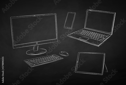 Chalk drawn illustration of computers devices 
