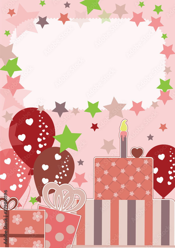 Birthday, invitation card, with gift, stars, balloon and cake. 