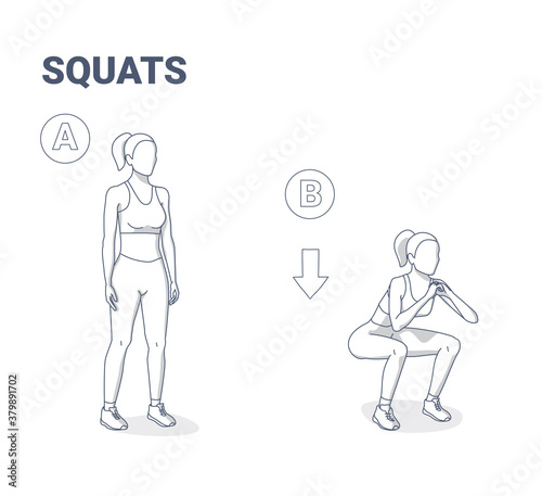 Squats Female Exercise Guide. Young Woman in Sportswear Doing Home Workout.