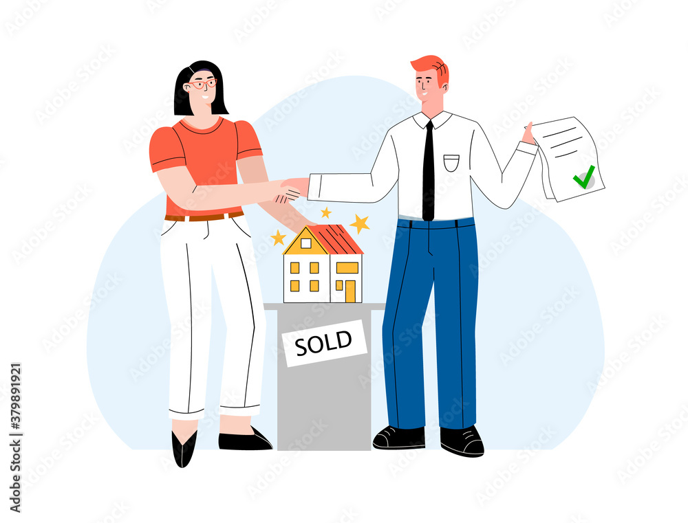 Mortgage loan application approval vector flat concept illustration. A happy woman is shaking hands with real estate agent. Confirmed house sale with approved bank credit form. Customer buying home.