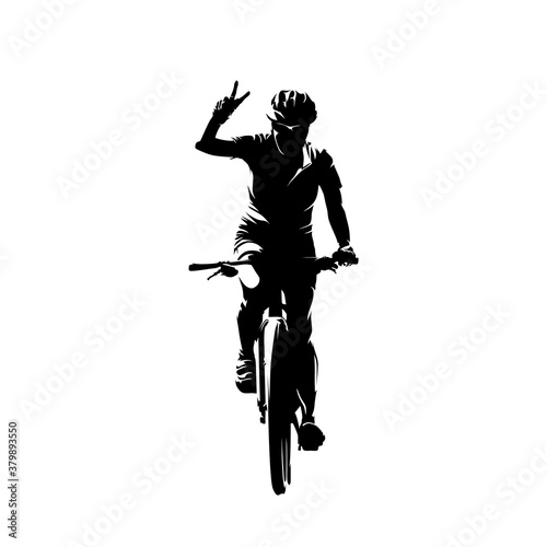 Mountain biker waving, victory. Woman riding bike. Cycling, isolated vector silhouette