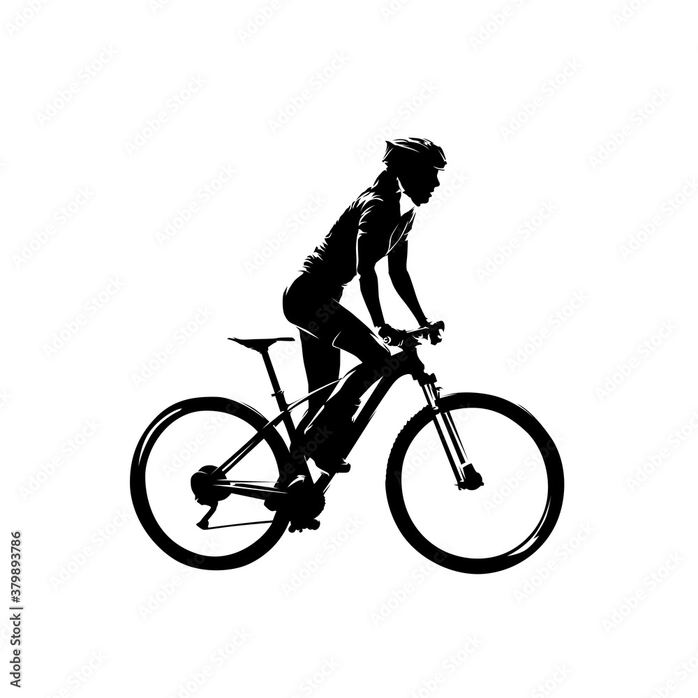 Mtb rider, woman on her mountain bike, side view isolated vector silhouette Mtb rider, woman on her mountain bike, side view isolated vector silhouette